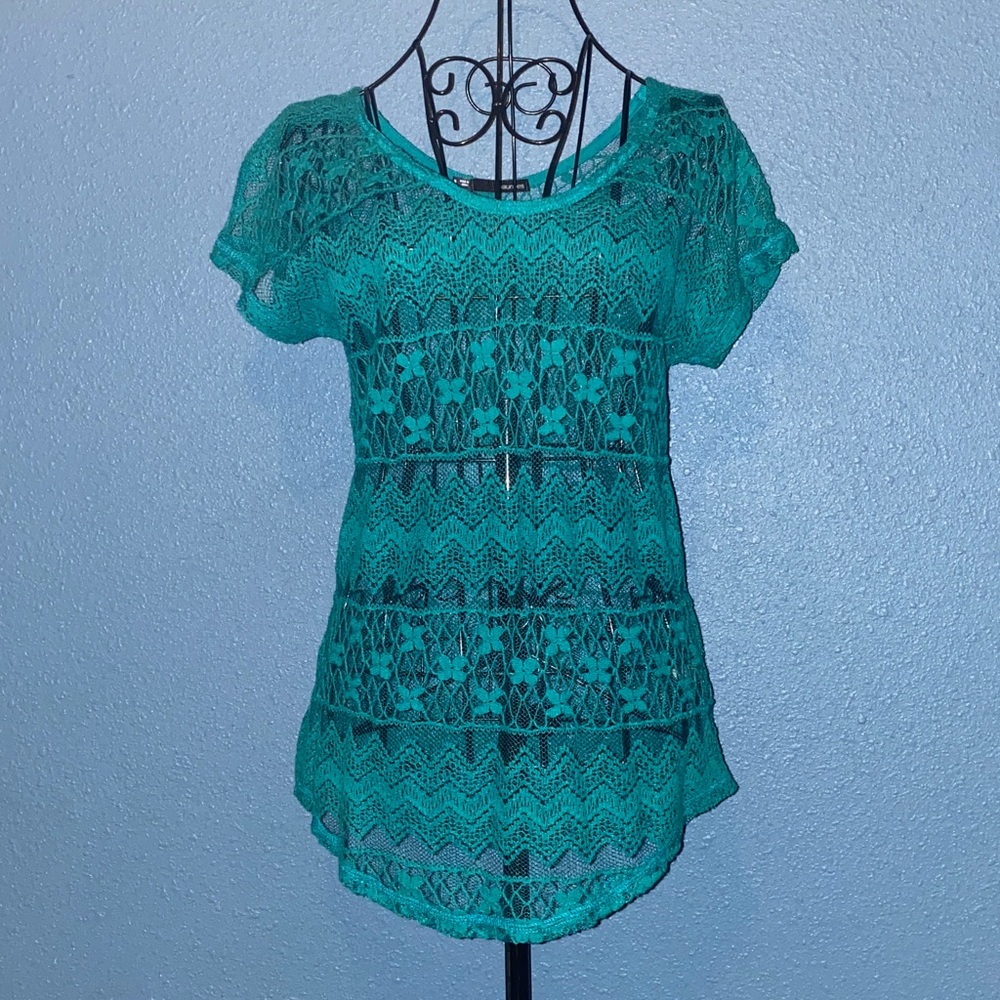 Maurices Teal Crochet Lace Short Sleeve Top